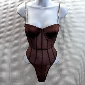 Fashion Nova Brown Bodysuit with Gold Chain Straps size medium